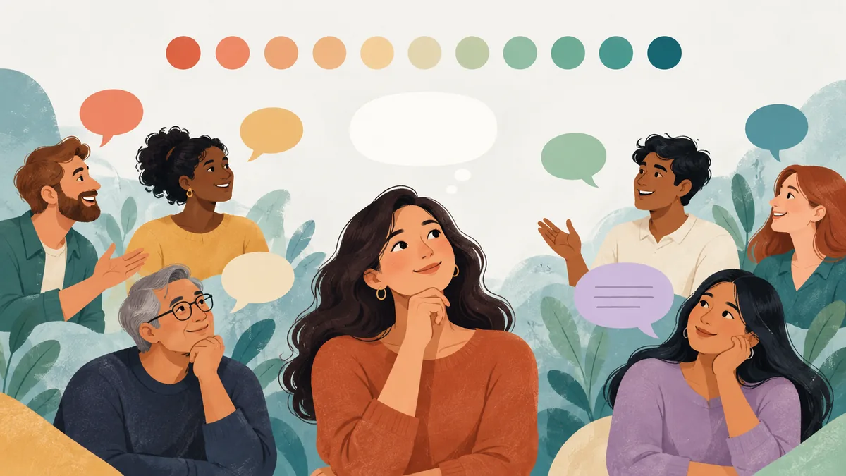 A customer considers a recommendation question while a varied group shares feedback beside an eleven-point response scale